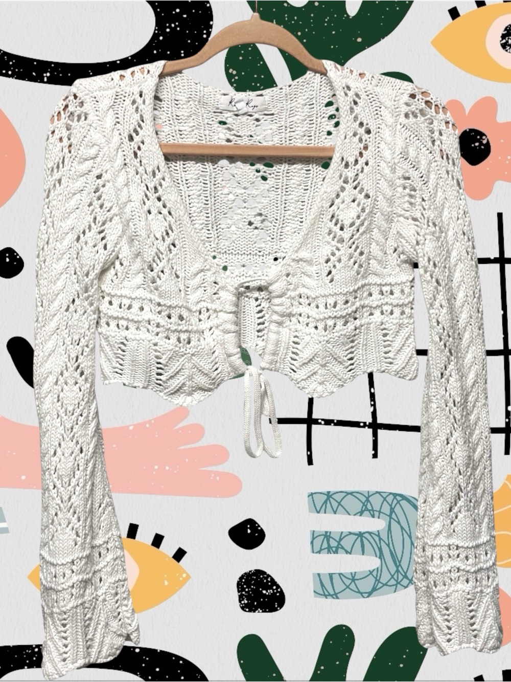 Rock N Rags | White Knit Tie Front Cropped Long Sleeve Cardigan Sweater